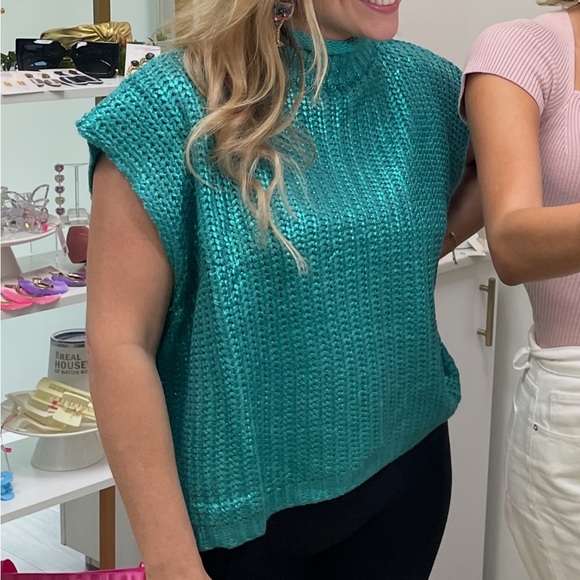 Tops - Teal Knit Short Sleeve Sweater Top